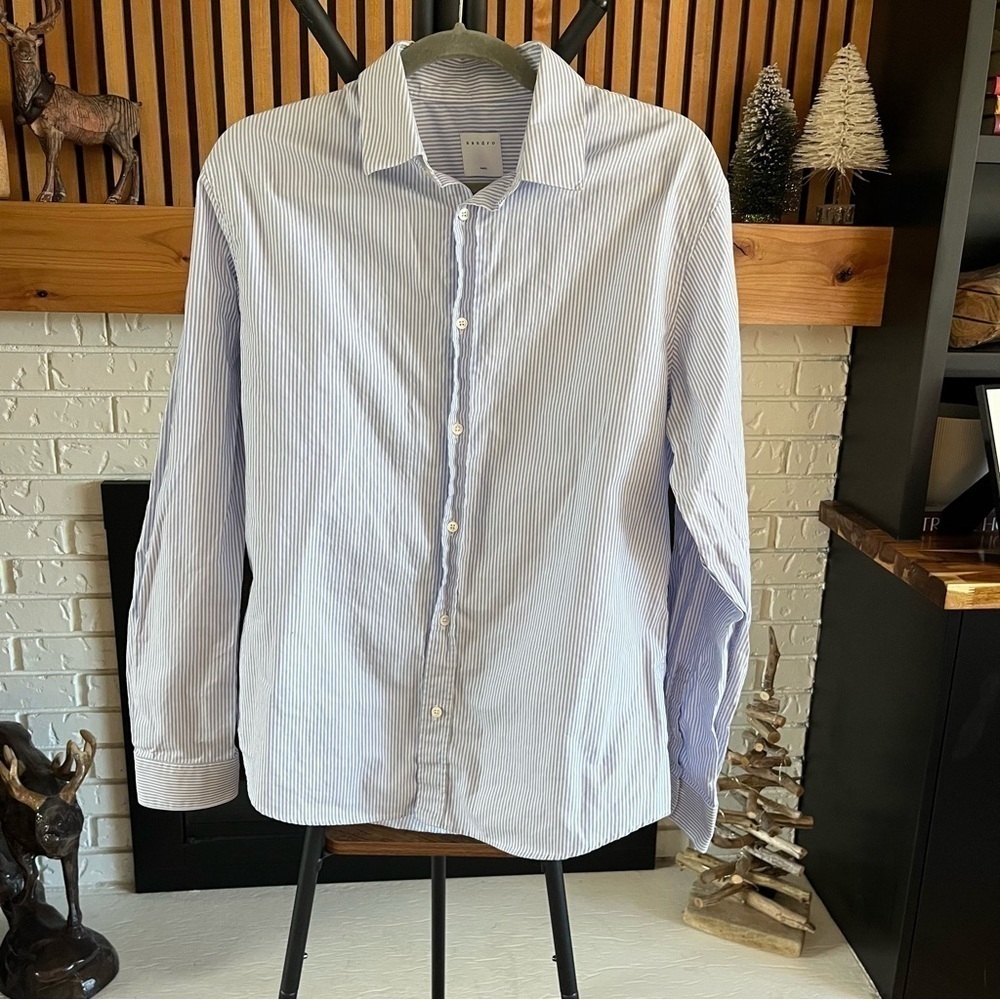 Sandro Women's Blue and White Striped Button Down Shirt Size XXL - Like New